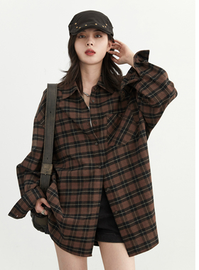 CV大码女装 2025秋季新款复古荃棉磨毛格纹衬衫上衣宽松bf风衬衣