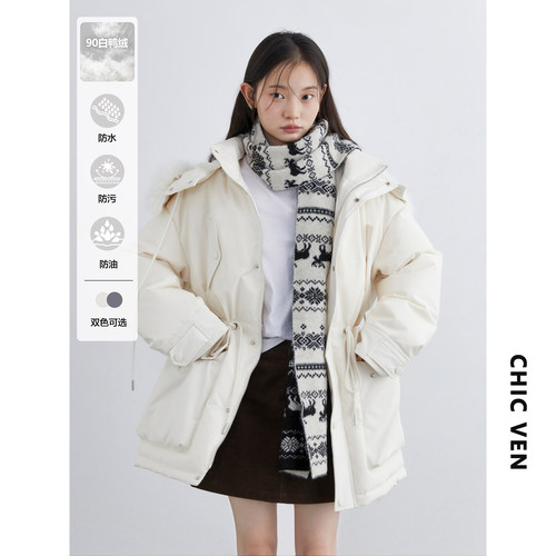 连帽带毛领派克羽绒服女