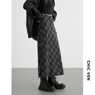 新款 秋季 甜酷风高腰开叉格纹半身裙直筒裙长裙胖MM女 女装 CV大码