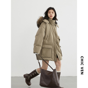 CV大码女装 户外休闲工装貉子毛领羽绒服加厚派克外套冬胖MM显瘦