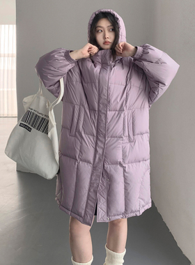 CV大码女装 冬新款肌理感连帽白鸭绒绗线分割羽绒服外套胖MM显瘦