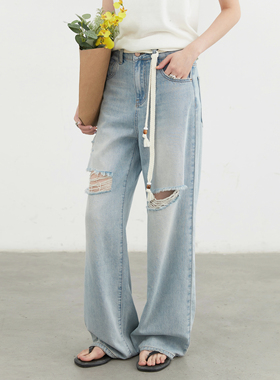 CV大码女装夏新款高腰超柔水洗阔腿破洞牛仔裤直筒拖地长裤女胖mm