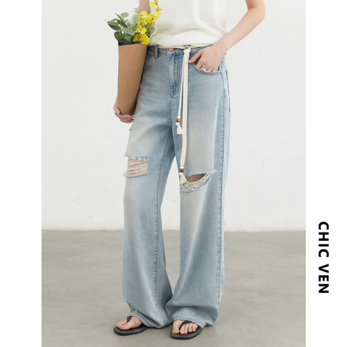 CV大码女装阔腿破洞牛仔裤女胖mm