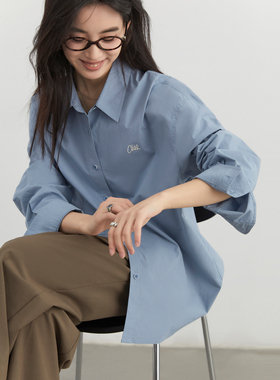 CV大码女装秋季新款荃棉刺绣长袖衬衫宽松叠穿翻领蓝色衬衣女胖mm