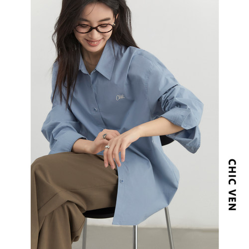 CV大码女装纯棉刺绣长袖衬衫女