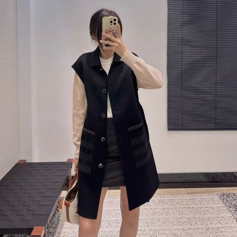 纯手工制作双面尼羊绒质翻领落肩袖接定位刺绣口袋马甲外套大衣女