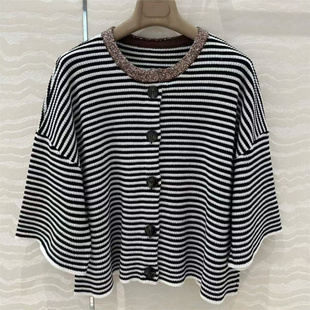 日系进口纯棉珠片圆圈领纱线条纹落肩单排扣短袖百搭针织开衫女