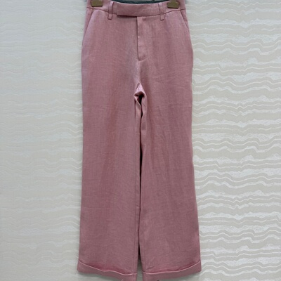 西梅粉亚麻高腰卷裤腿直筒阔腿裤