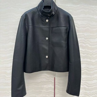 深圳南油新款进口荔枝纹小羊皮立领直筒高腰拉链短款皮衣外套女