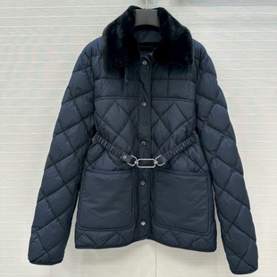 獭兔毛领可拆卸轻薄款 型羽绒服外套上衣女 金属马鞍腰带收腰H版