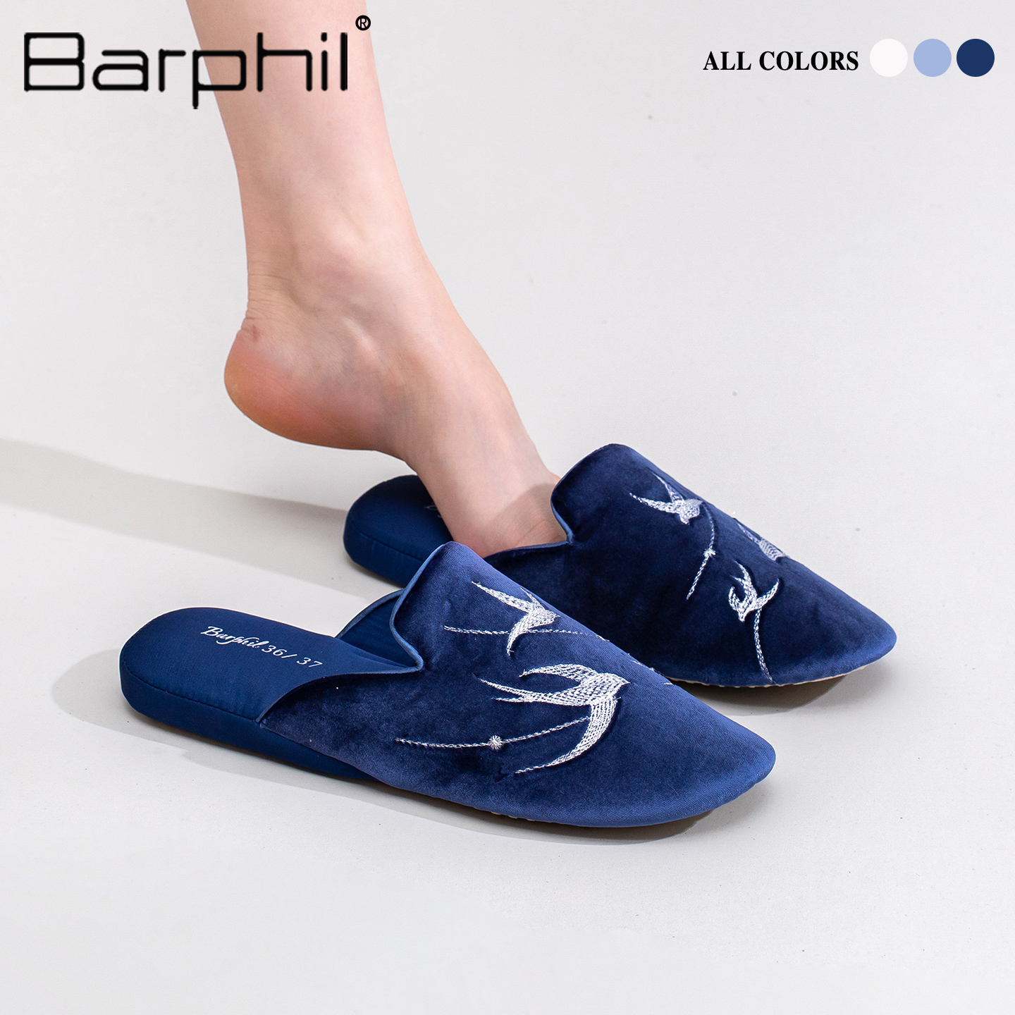 Barphil拖鞋女2025春秋新款室内家居包头静音刺绣轻便舒适木地板