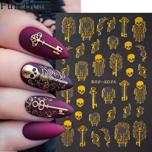 万圣节金色骷髅头美甲贴纸新款 金钥匙ins烫金可爱卡通背胶指甲贴