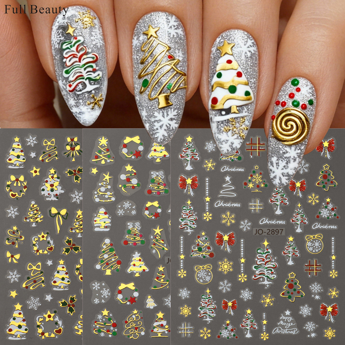 新款烫金圣诞树美甲贴纸圣诞节卡通雪花铃铛蝴蝶结背胶指甲贴纸