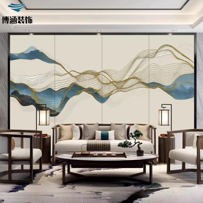 现代中式山水客厅电视沙发卧室床头硬包背景墙软包格栅扶墙板刺绣