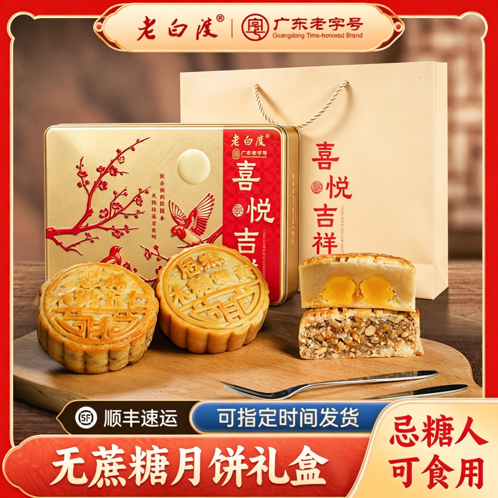 老白渡无蔗糖无糖精月饼中秋节礼盒装送低专用糖尿饼病人中老年脂