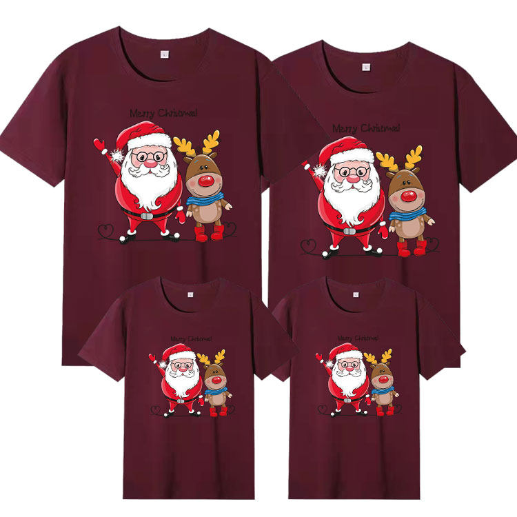 레드 크리스마스 부모-자식 반팔 티셔츠 2024 크리스마스 사슴 스타일 3 4인 가족 모자 가족복