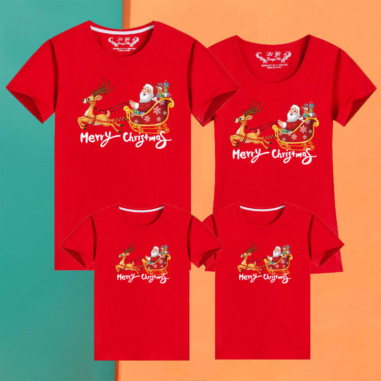 부모-자식 반팔 티셔츠 3 4인 가족 사슴이 그린 수레 크리스마스 활동 수업 교복 엄마-아들 엄마-딸 티셔츠