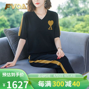 长裤 FVQA品牌冰丝针织运动套装 短袖 V领T恤潮流休闲套装 女夏款 夏天