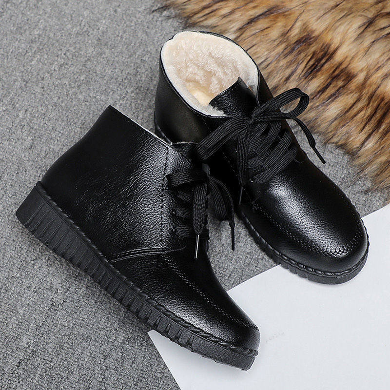 敬宪冬季新款防水皮面女棉鞋加绒保暖防滑中老年人软底妈妈皮鞋女