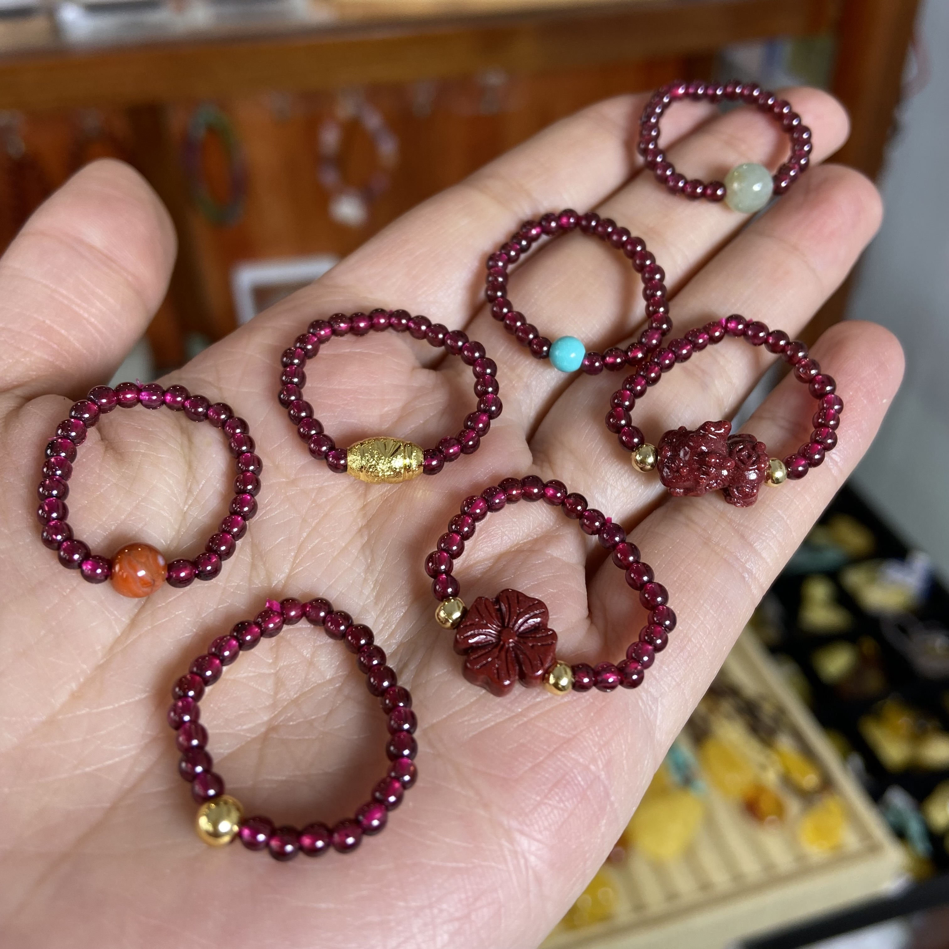 天然石榴石朱砂戒指女