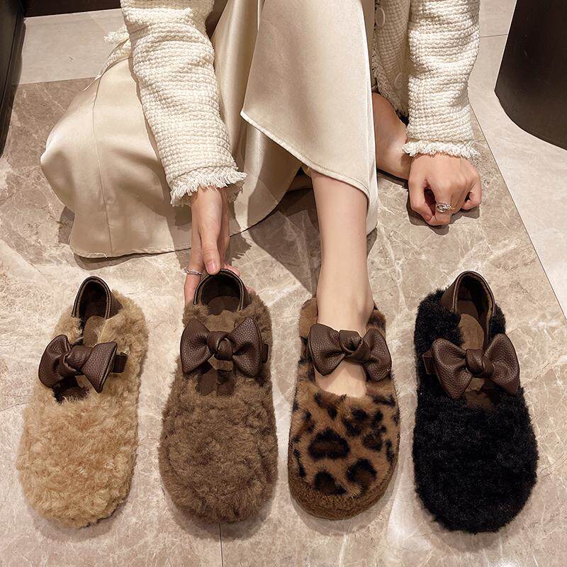 蝴蝶结豹纹2024新款两穿一脚蹬毛毛鞋女冬外穿加绒韩版厚底豆豆鞋,女鞋,乐福鞋（豆豆鞋）,淘宝优惠券,粉丝福利购,淘宝优惠卷