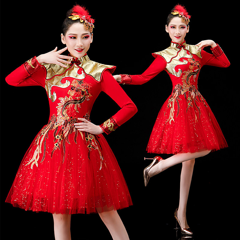 打鼓服演出服女中国风现代舞蹈服装开场舞表演服喜庆腰鼓成人套装_虎窝淘