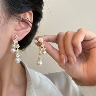厚镀22k金水晶麦穗流苏珍珠耳钉女轻奢高级耳环精致百搭气质耳饰