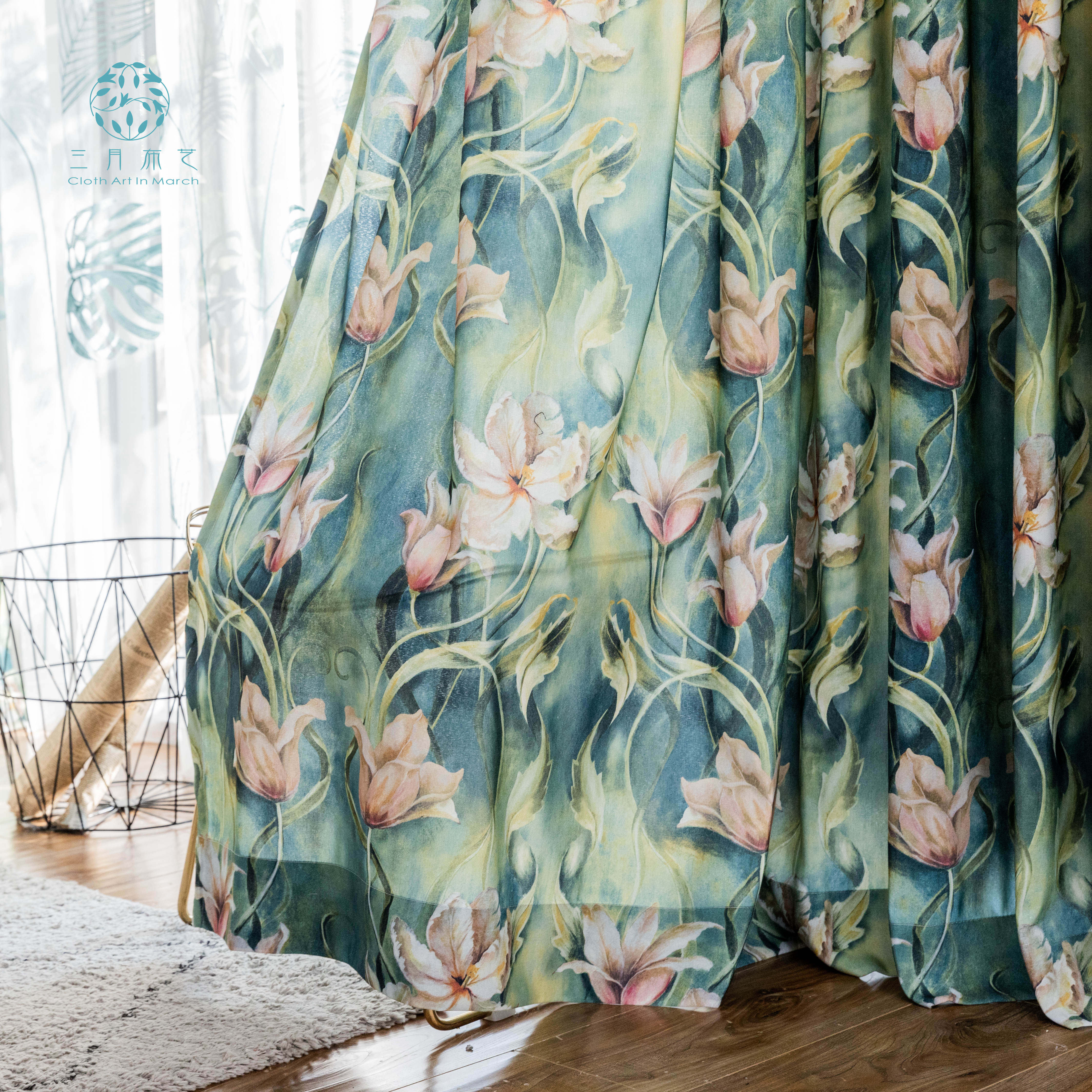 美式复古粗棉半遮光窗帘新中式田园风植物花卉客厅卧室书房阳台