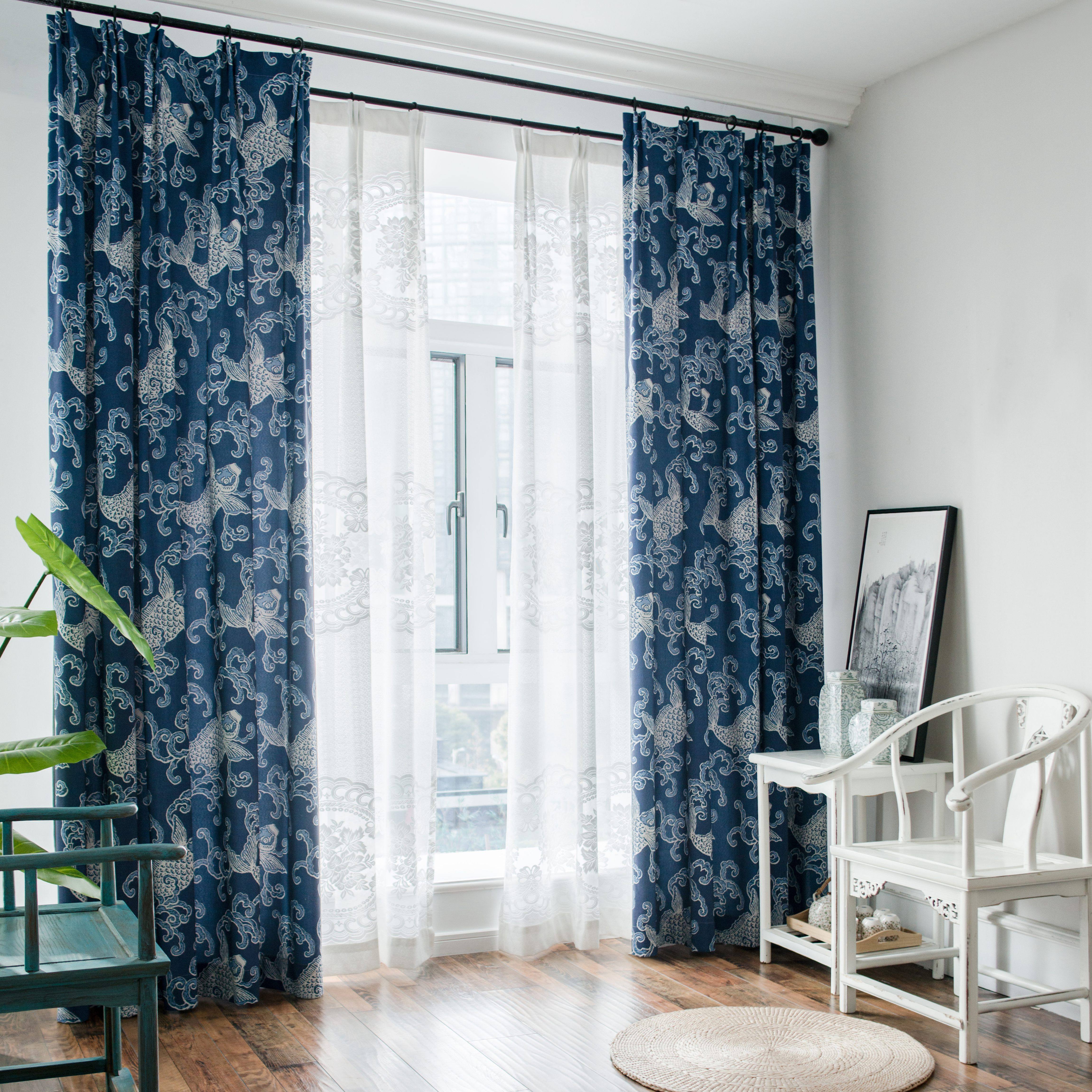 中式古典窗帘 青花锦鲤窗帘高端棉麻定制窗帘半遮光【跃龙门】