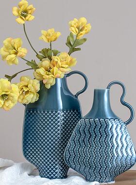 现代高颜值美式编织带耳陶瓷花器灰蓝色扁瓶客厅玄关桌面装饰摆件