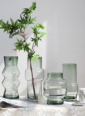 现代简约家用鲜花水养透灰浅绿色玻璃花器客厅玄关桌面装饰品摆件