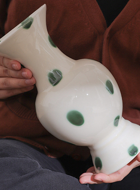 中式宋代美学中古风绿色波点水培插花瓶陶瓷花器玄关桌面装饰摆件