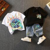 上档次男童夏装 牛仔破洞短裤 夏款 网红卡通中小童套装 半袖 高档童装