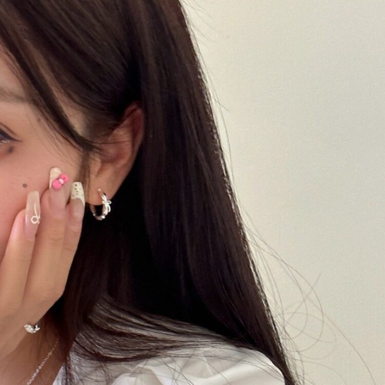 S925银饰品甜美水滴蝴蝶结耳钉女几何C型半圆弯弧气质简约耳环小