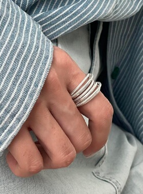 包邮多层线条戒指女几何时尚螺旋麻花个性S925镀银开口指环甜酷食