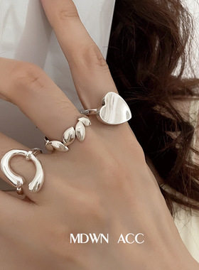 包邮韩版S925镀银不规则树叶戒指女复古时尚简约翘边爱心几何开口