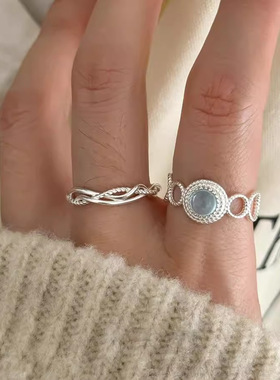 包邮浅蓝戒指女精致优雅轻奢百搭时尚S925镀银开口指环小众食指戒