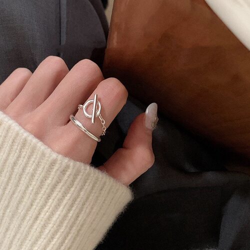 S925银饰品韩版OT扣链条戒指女时尚个性小众设计感开口指环食指戒
