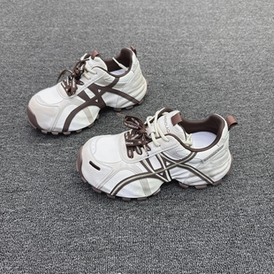 真皮女鞋皮包底内增高拼色老爹鞋2026春新款小众系带运动鞋休闲鞋