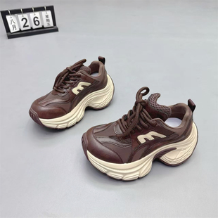 松糕鞋 真皮女鞋 皮布拼接休闲鞋 欧货厚底增高6CM老爹鞋 2025秋新款