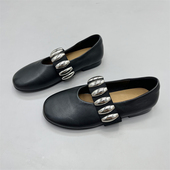 羊皮女单鞋 平底玛丽珍皮鞋 2026春秋款 复古浅口金属松紧带芭蕾舞鞋