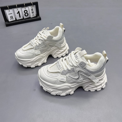 真皮女鞋小个子增高7CM水钻老爹鞋2026春新款百搭卡皮巴啦休闲鞋