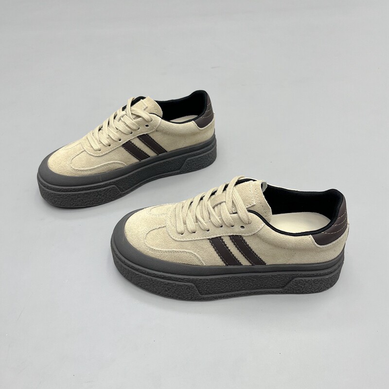 真皮女鞋2024秋新款复古厚底两条杠德训鞋圆头磨砂皮运动鞋板鞋潮