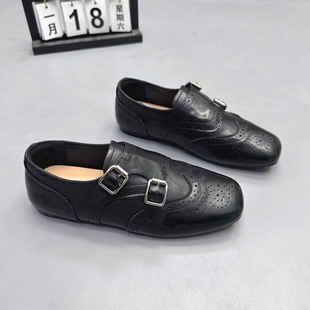 头层牛皮复古雕花皮带扣英伦小皮鞋2026春款法式软底布洛克女单鞋