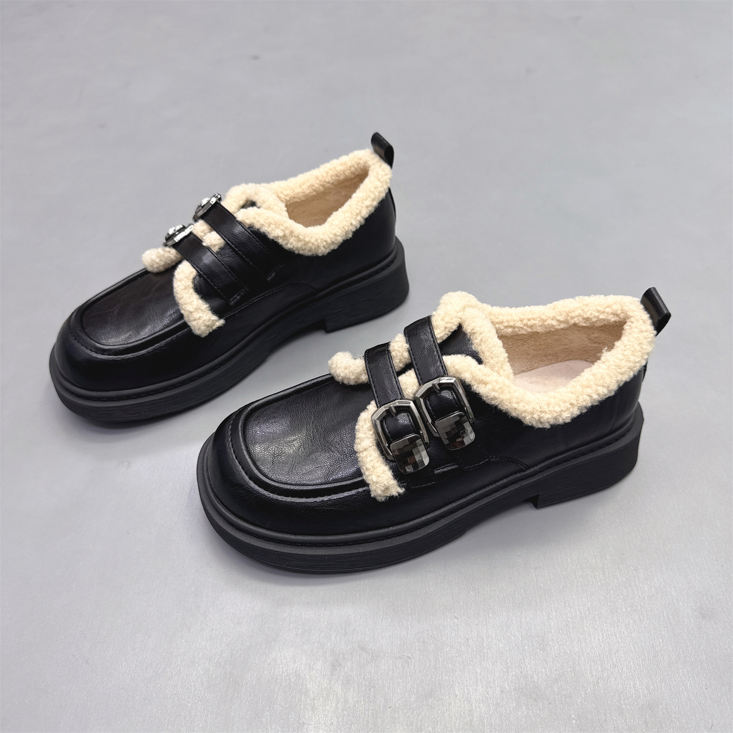 真皮女鞋粗跟加绒英伦小皮鞋棉鞋