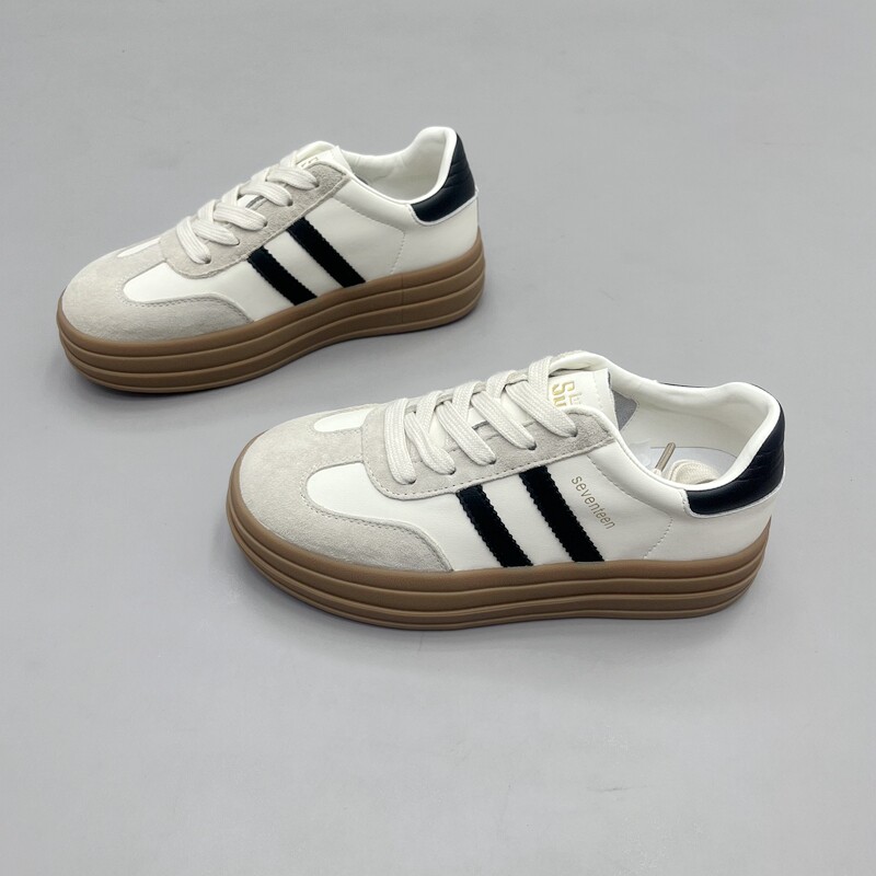 速利玛女鞋2024秋款复古两条杠德训鞋圆头系带小白鞋百搭休闲板鞋