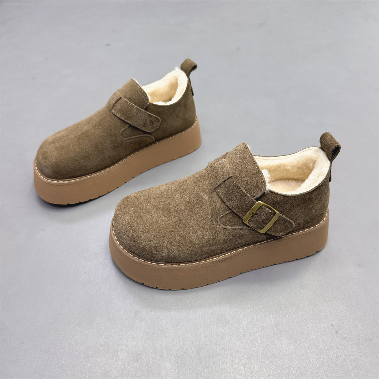 真皮女鞋厚底加绒磨砂牛皮勃肯鞋