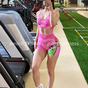 小女警civilregime粉红印花爱心健身服套装无缝细带文胸三分短裤