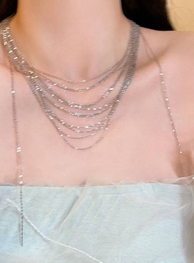 多层链条流苏身体链锆石水钻胸链颈链聚会项链女配饰2023网红爆款