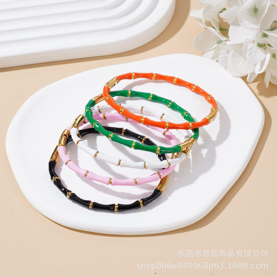 时尚夸张简洁百搭彩色时髦竹节手镯小众叠戴不锈钢手环钛钢饰品